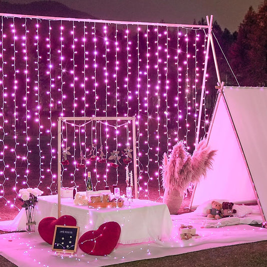 300 LED Pink Curtain Lights Indoor, Christmas Lights Plug In, 8 Modes Pink String Lights for Bedroom Window Wall Party Backdrop Xmas Valentine Decorations, 9.8X9.8Ft