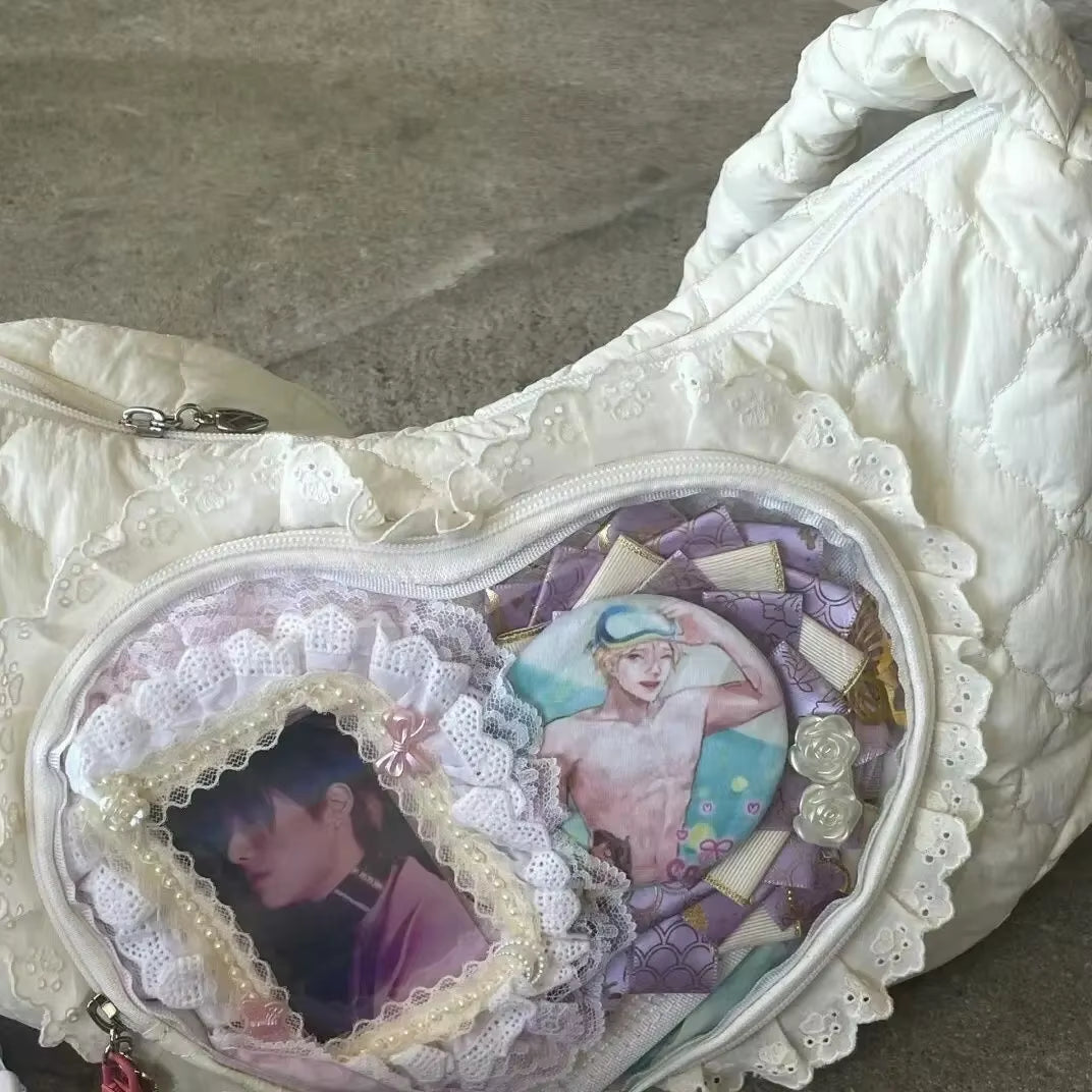 Xiuya Pink Cute Womens Shoulder Bag Pleated Love Heart Lolita Jk Ita Bag Drawstring Ballet Style Sweet Fashion Female Handbag