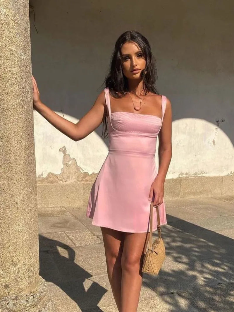 Casual Dresses Birthday Dress for Women Aline Pink Dress Sexy Satin Holiday Party Dresses Mini Casual Spaghetti Strap Graduation Dress Stretch 230227