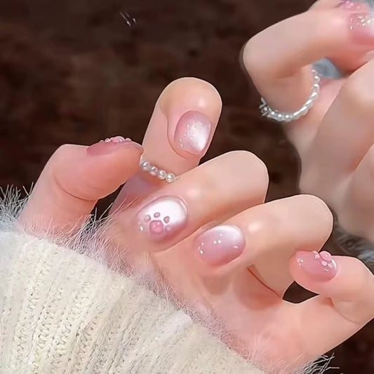 Cat Claw Flesh Pads Short Cat Eye Handmade Wear Nail Simple Gentle Versatile Nail Art Pink Cute Cat Eye Fake Nails