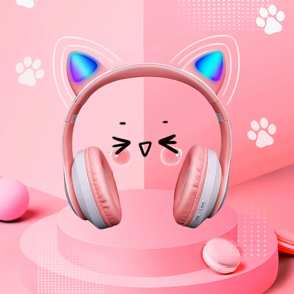Pink Cute Cat Ears Wireless Headphone Bluetooth-Compatible Headset Stereo Foldable Earphone with Microphone Music Kid Girl Gift