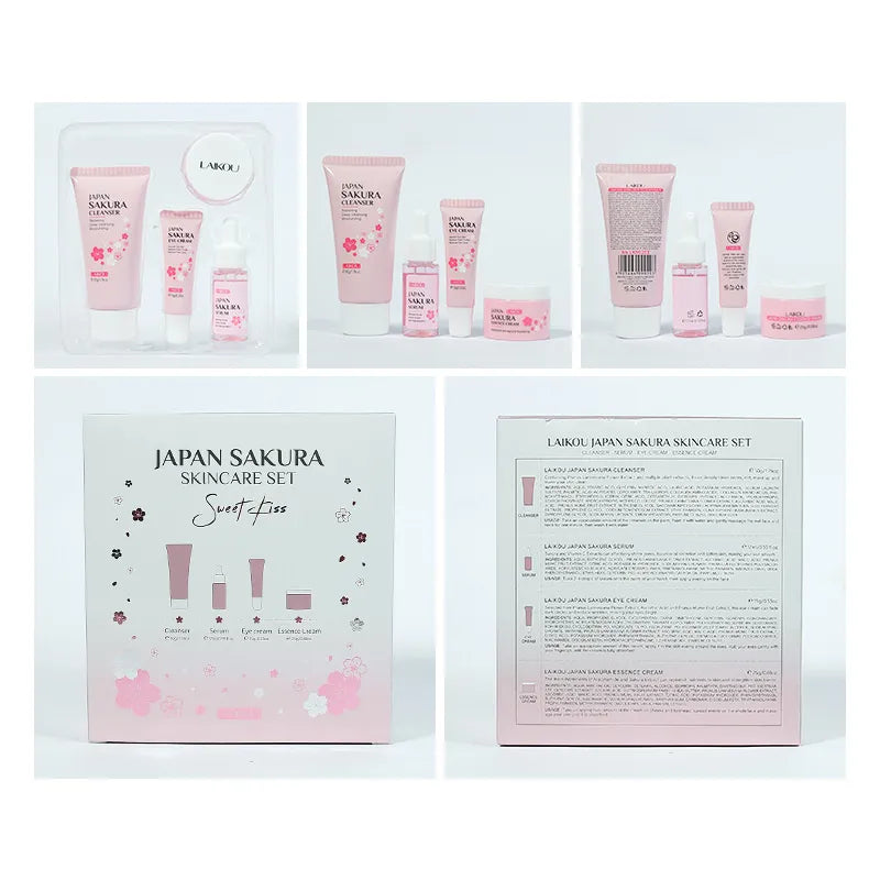 Sakura Skin Care Set Facial Cleanser Face Cream Fade Dark Circles Eye Cream Korean Skincare Products 4Pcs/Set