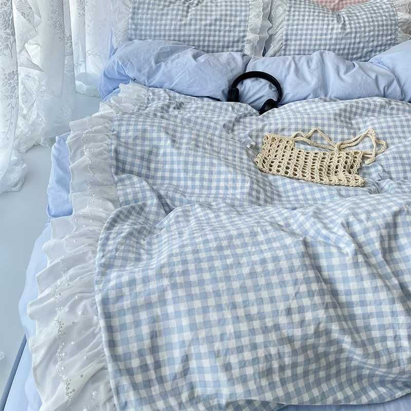 Korean Princess Style Lattice Double Layer Lace Bedding Set Soft Quilt Cover Plaid Style Duvet Covers Set Bed Sheet Casesc250122