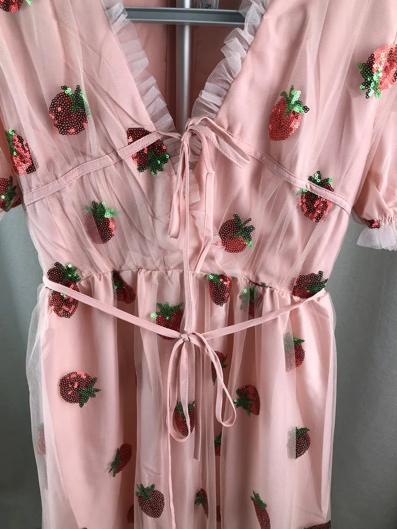 Sweet Strawberry Sequined Embroidery Cascading Ruffle Maxi Dress Women Summer V-Neck Puff Sleeve Bow Pink Tulle Mesh Long Dress 210309