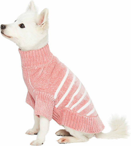 Cozy Soft Chenille Classy Striped Dog Sweater in Dusty Rose, Back Length 12", Pink Clothes for Dogs
