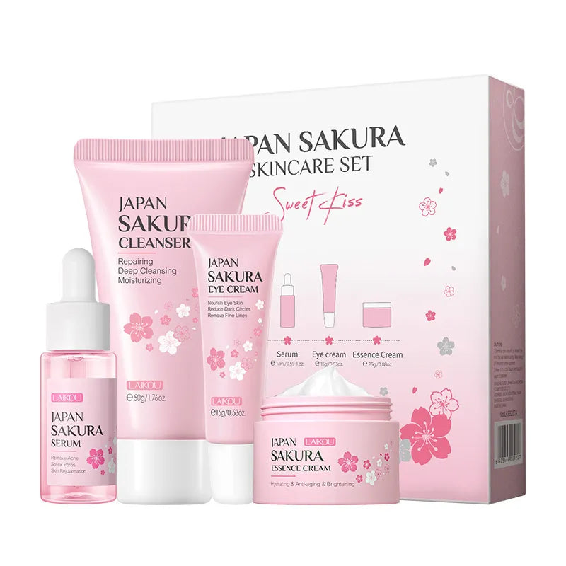 Sakura Skin Care Set Facial Cleanser Face Cream Fade Dark Circles Eye Cream Korean Skincare Products 4Pcs/Set