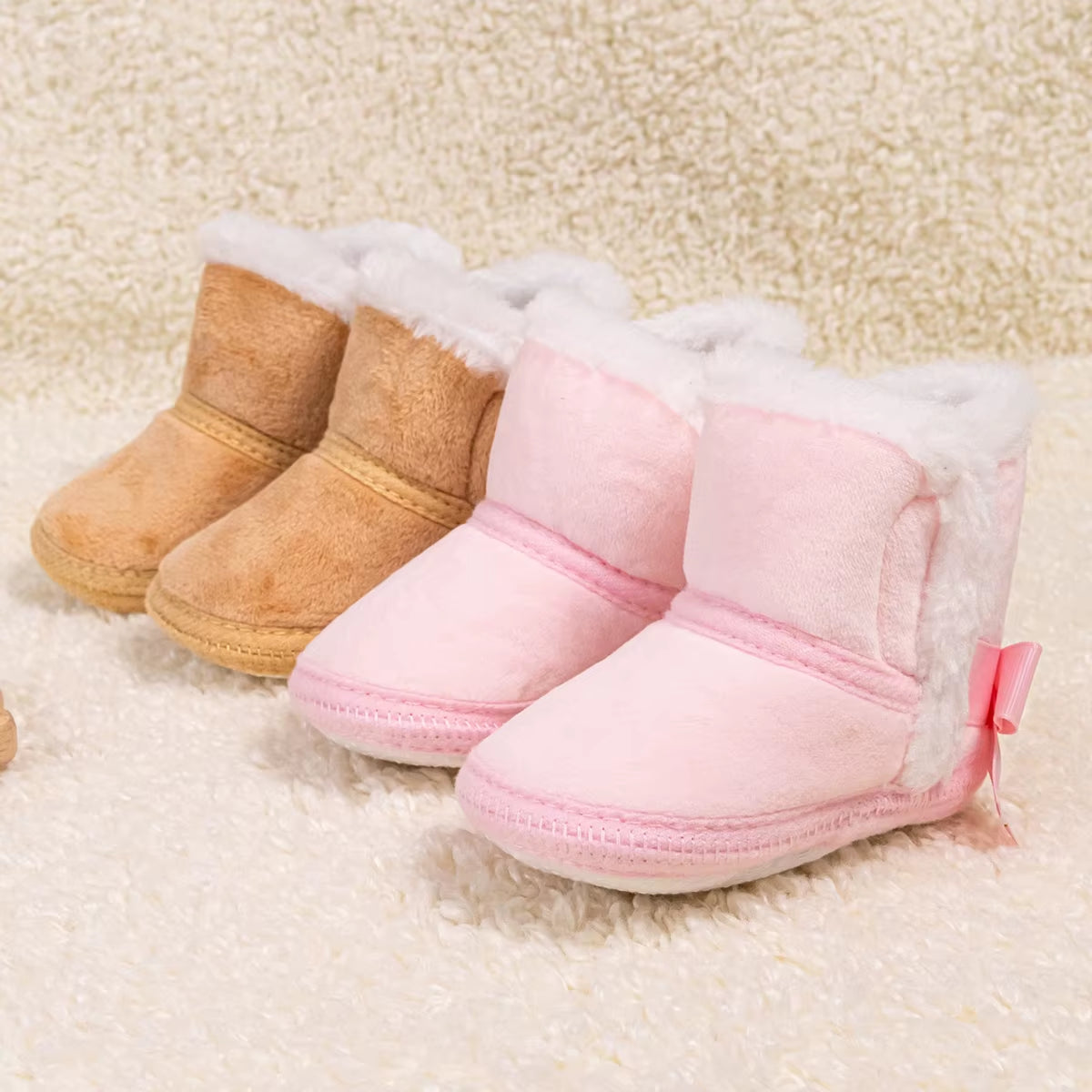 Pink Cute Bow Baby Shoes Warm Winter Boy Girl Boots Cotton Soft-Sole Non-Slip Toddler First Walkers Infant Crib Shoes