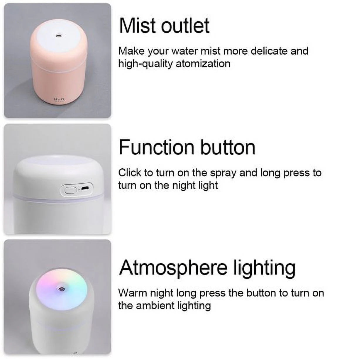 Portable Mini Humidifier,  RGB Light Small Humidifiers for Bedroom, Car, Desktop, 2 Cool Mist Modes, Quiet(300Ml, White)