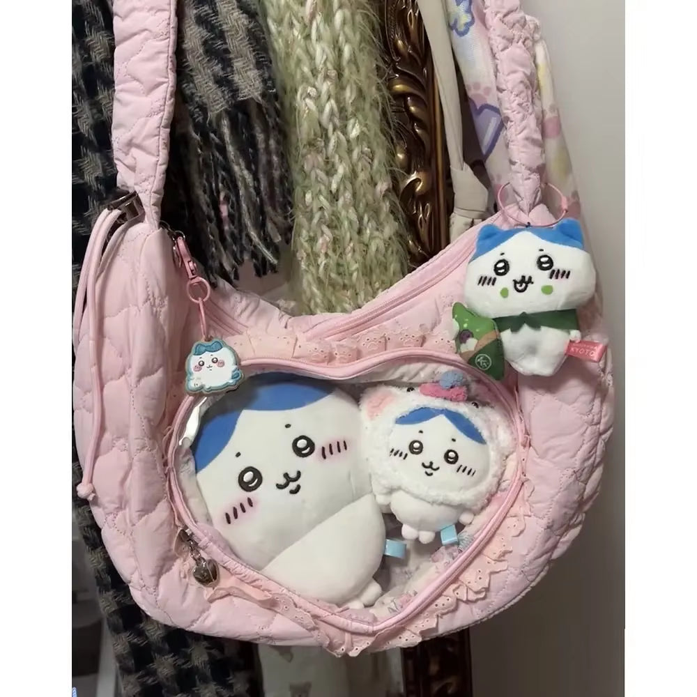 Xiuya Pink Cute Womens Shoulder Bag Pleated Love Heart Lolita Jk Ita Bag Drawstring Ballet Style Sweet Fashion Female Handbag