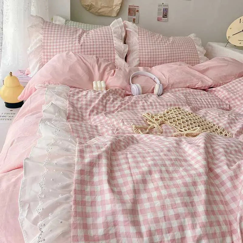 Korean Princess Style Lattice Double Layer Lace Bedding Set Soft Quilt Cover Plaid Style Duvet Covers Set Bed Sheet Casesc250122