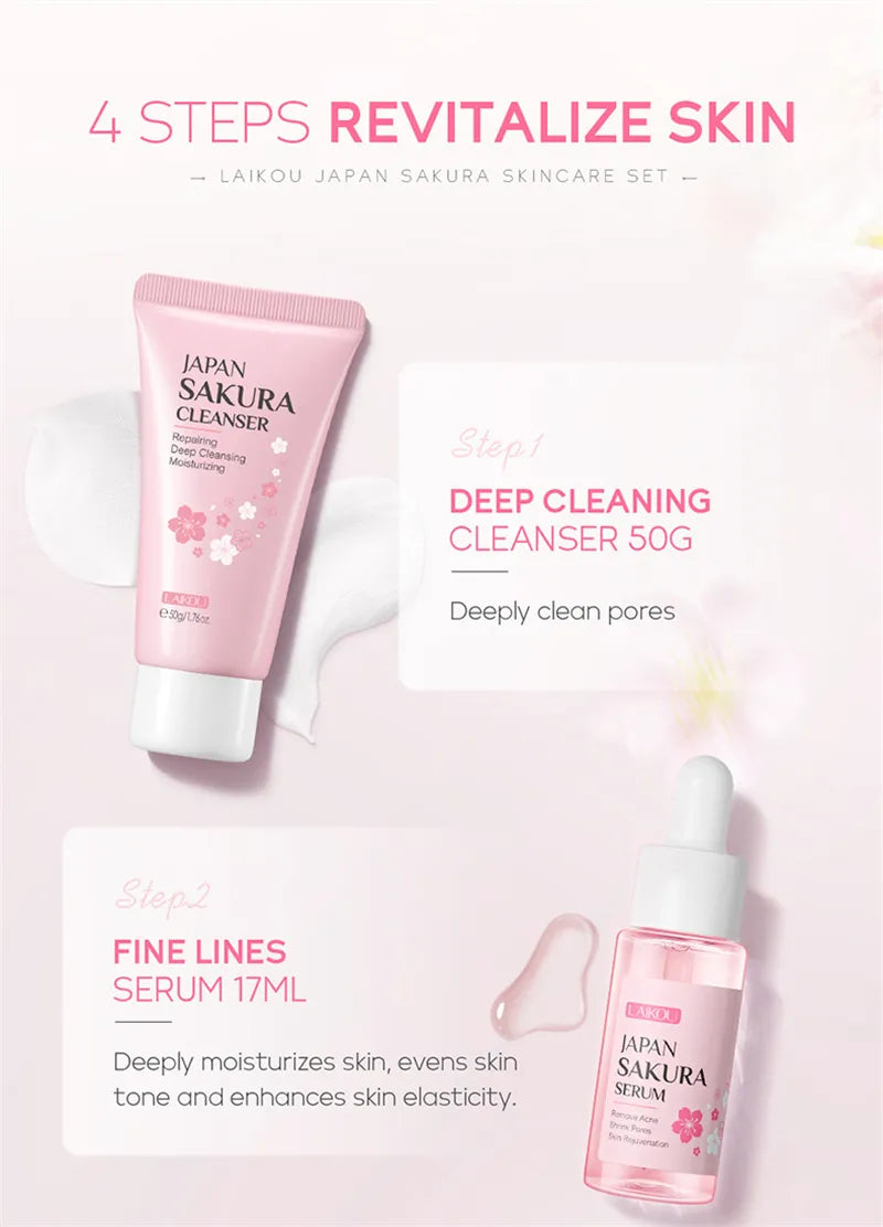 Sakura Skin Care Set Facial Cleanser Face Cream Fade Dark Circles Eye Cream Korean Skincare Products 4Pcs/Set