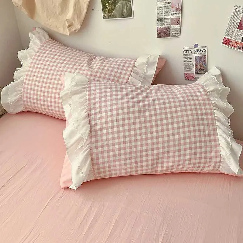 Korean Princess Style Lattice Double Layer Lace Bedding Set Soft Quilt Cover Plaid Style Duvet Covers Set Bed Sheet Casesc250122