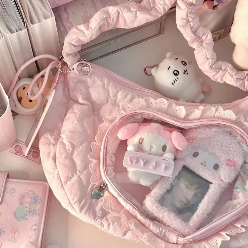 Xiuya Pink Cute Womens Shoulder Bag Pleated Love Heart Lolita Jk Ita Bag Drawstring Ballet Style Sweet Fashion Female Handbag