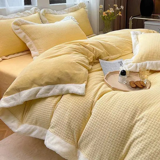 Double-Sided Thickened Milk Flannel Bed Four-Piece Bed Sheet Warm and Comfortable Bedding plus Velvet Quilt Cover Fitted Sheetxj241015