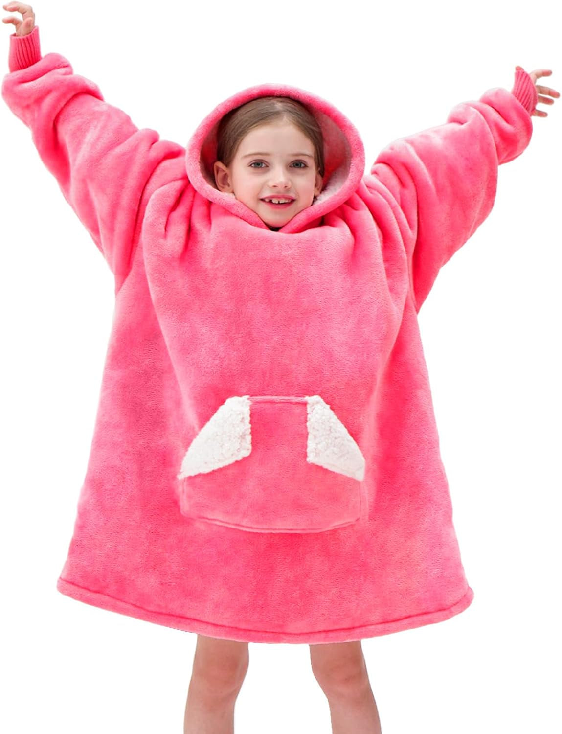 Wearable Blanket Hoodie, Oversized Sherpa Blanket Sweatshirt with Hood Pocket and Sleeves, Super Soft Warm Plush Hooded Blanket for Kids and Girls, One Size Fits All (Pink)
