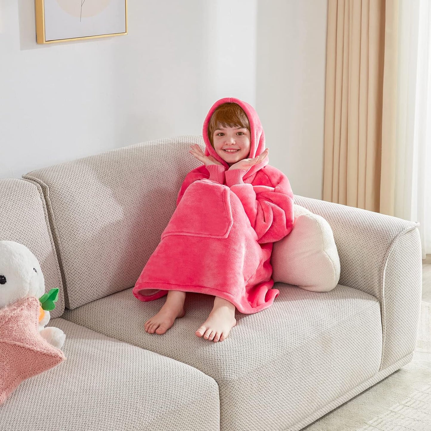 Wearable Blanket Hoodie, Oversized Sherpa Blanket Sweatshirt with Hood Pocket and Sleeves, Super Soft Warm Plush Hooded Blanket for Kids and Girls, One Size Fits All (Pink)
