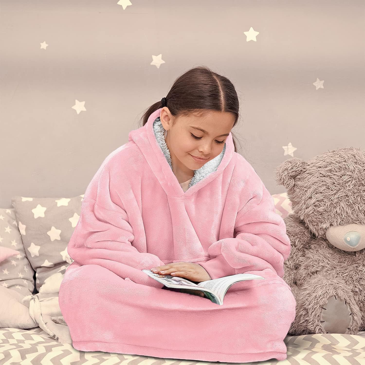 Wearable Blanket Hoodie for Kids - Warm Soft Gift, Oversized Cozy Sherpa Fleece Sweatshirt Pullover for Teens, Girls, Boys, Large Pocket, Pink