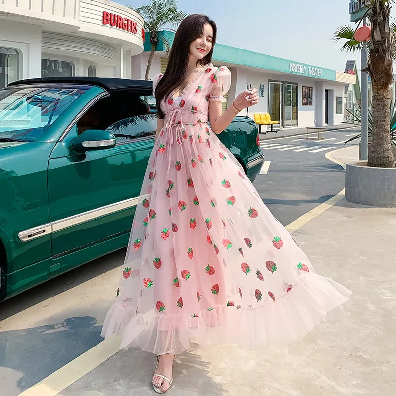 Sweet Strawberry Sequined Embroidery Cascading Ruffle Maxi Dress Women Summer V-Neck Puff Sleeve Bow Pink Tulle Mesh Long Dress 210309