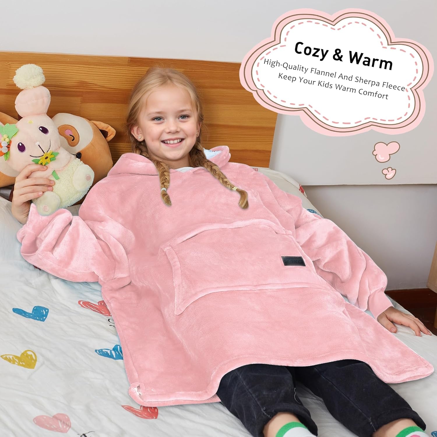 Wearable Blanket Hoodie for Kids - Warm Soft Gift, Oversized Cozy Sherpa Fleece Sweatshirt Pullover for Teens, Girls, Boys, Large Pocket, Pink