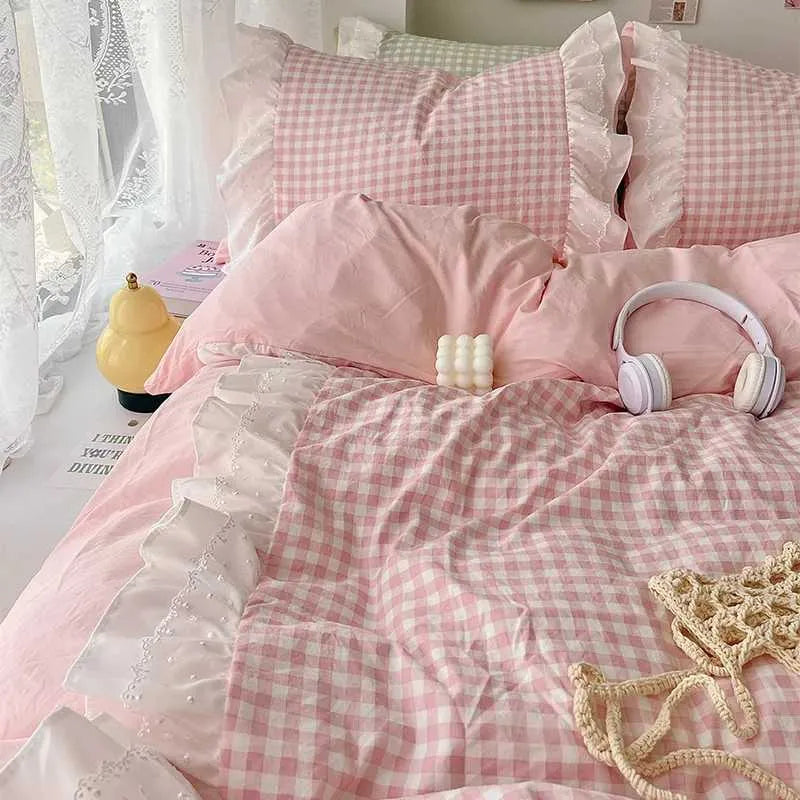 Korean Princess Style Lattice Double Layer Lace Bedding Set Soft Quilt Cover Plaid Style Duvet Covers Set Bed Sheet Casesc250122