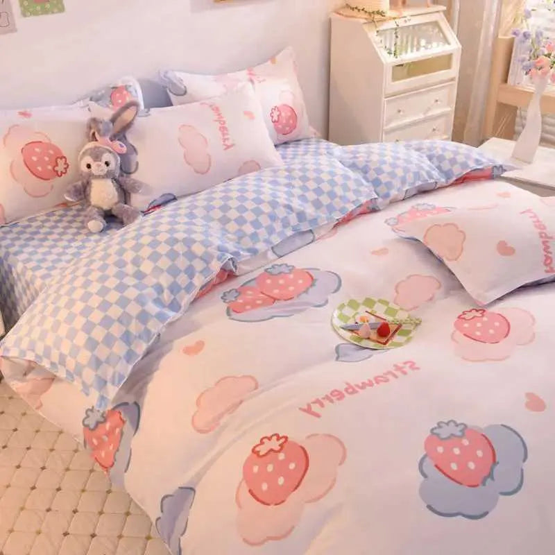 Pretty Pink Strawberry Flower Bedding Set Cute Duvet Cover Flat Sheet with Pillowcases Twin Full Size Bed Linen for Kids Girlsxj241015