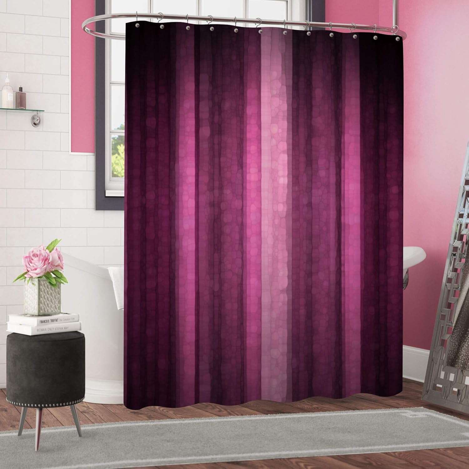 Pink Striped Shower Curtain, Hot Pink Neon Pink Cute Shower Curtain Set with 12 Hooks, Abstract Mosaic Glass Texture and Dark Stripe Art Waterproof Fabric Bathroom Decor, 72" W X 72" L