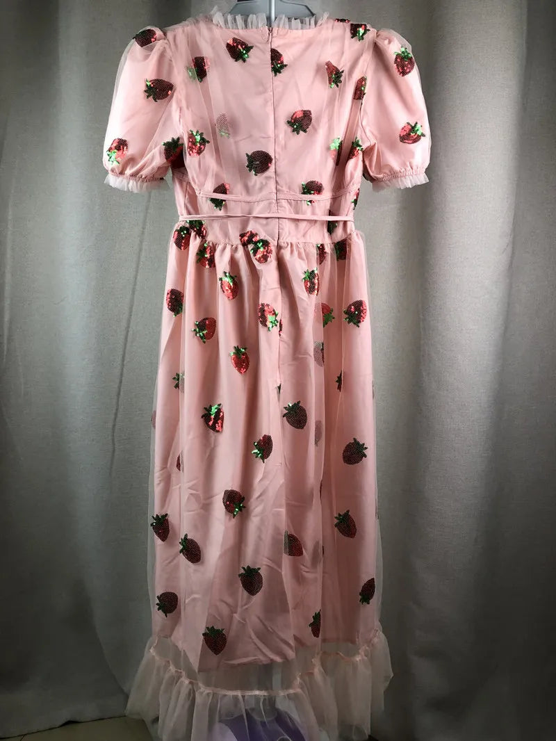 Sweet Strawberry Sequined Embroidery Cascading Ruffle Maxi Dress Women Summer V-Neck Puff Sleeve Bow Pink Tulle Mesh Long Dress 210309
