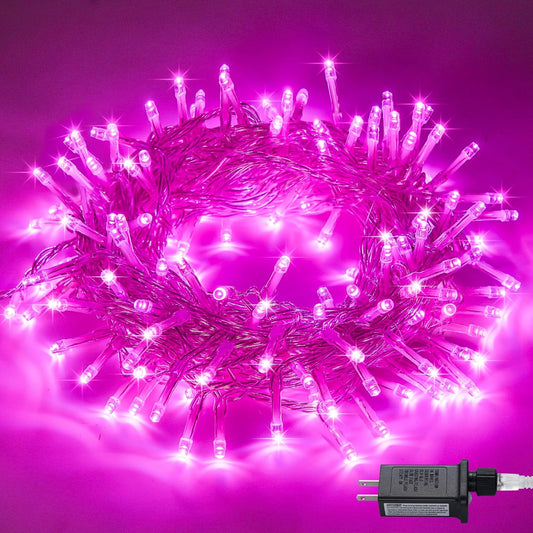 Connectable 100 LED Room Lights, 33Ft 8 Modes Pink Christmas Lights Clear Wire, Plug in Pink String Lights Indoor Outdoor for Room Decor Christmas Tree Bedroom Valentines Party