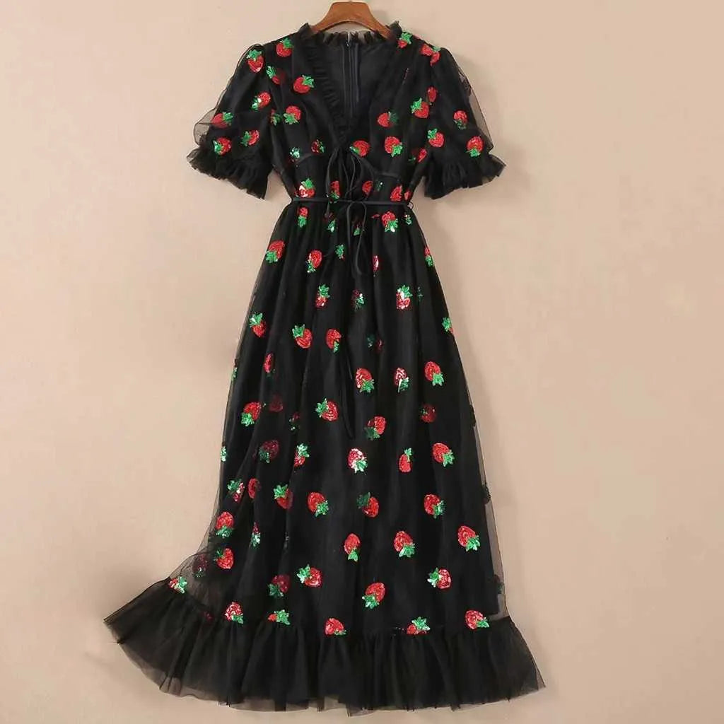 Summer Dress Women Strawberry Pink Mesh Maxi Dress Sweet Dresses Short Puff Sleeve Sexy V-Neck Lace-Up Bow Tunic Lolita Dress Y0118