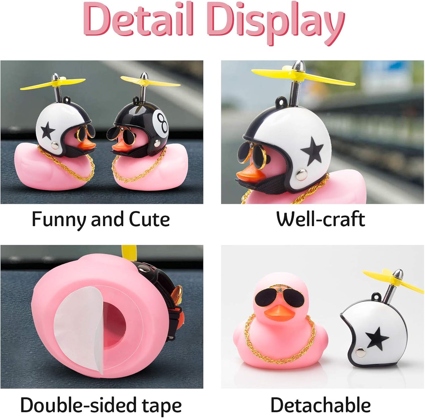 Pink Duck Car Dashboard Decorations - Rubber Duck Car Ornaments with Propeller Helmet Sunglasses and Gold Chain (Star-Pink)