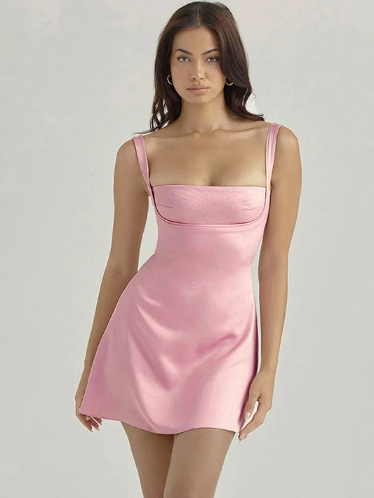 Casual Dresses Birthday Dress for Women Aline Pink Dress Sexy Satin Holiday Party Dresses Mini Casual Spaghetti Strap Graduation Dress Stretch 230227