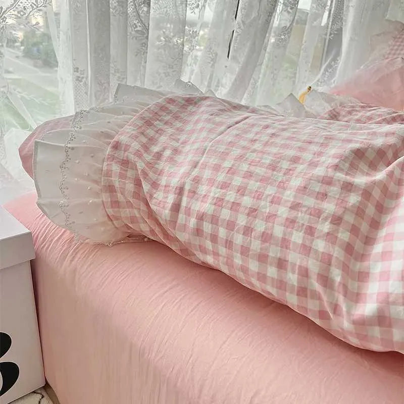 Korean Princess Style Lattice Double Layer Lace Bedding Set Soft Quilt Cover Plaid Style Duvet Covers Set Bed Sheet Casesc250122