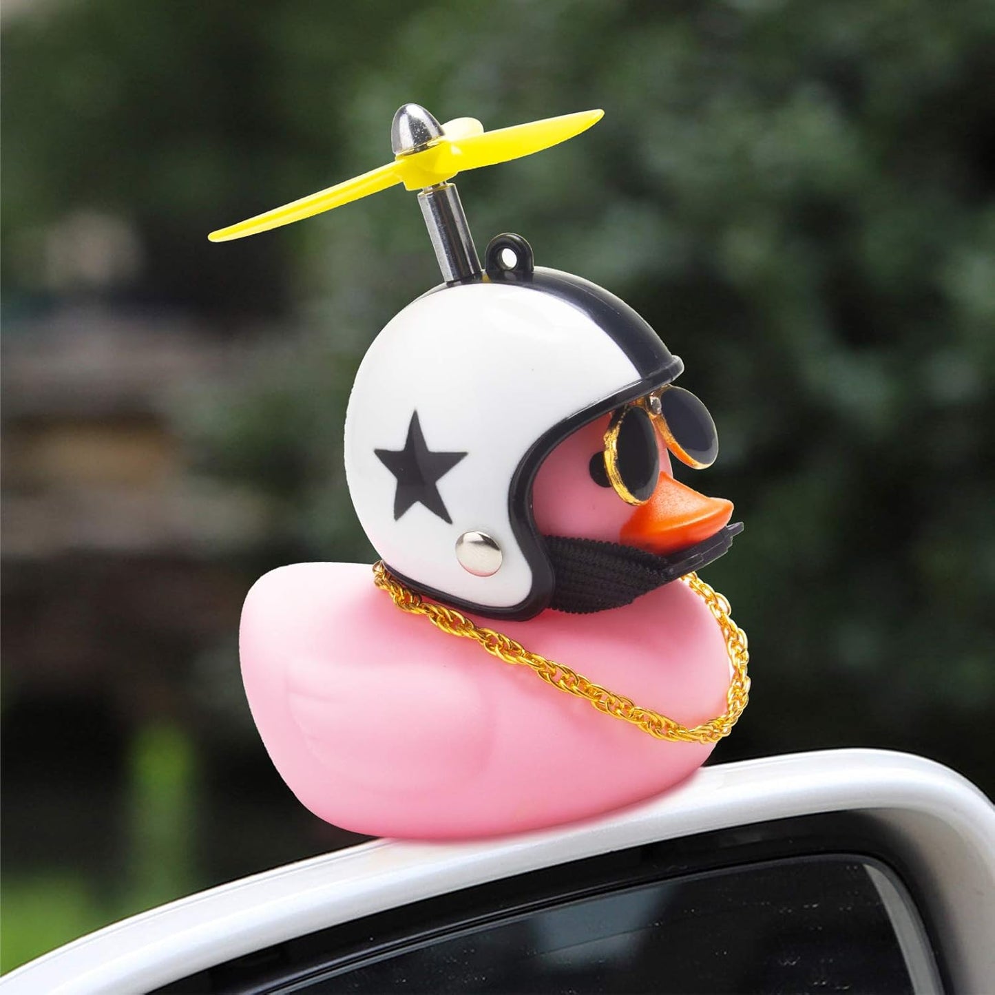 Pink Duck Car Dashboard Decorations - Rubber Duck Car Ornaments with Propeller Helmet Sunglasses and Gold Chain (Star-Pink)