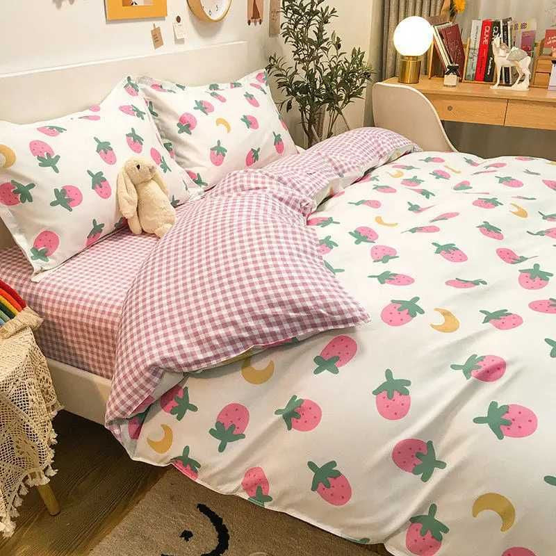 Pretty Pink Strawberry Flower Bedding Set Cute Duvet Cover Flat Sheet with Pillowcases Twin Full Size Bed Linen for Kids Girlsxj241015