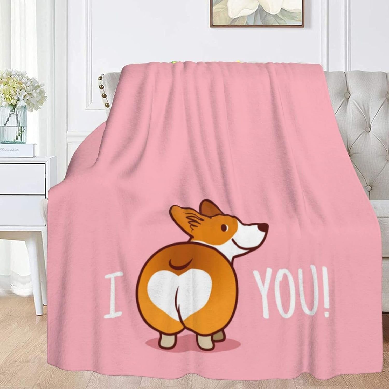Pink Cute Corgi I Love You Soft Throw Blanket 40X50 Inch Lightweight Flannel Fleece Blanket for Couch Bed Sofa Travelling Camping for Kids Adults