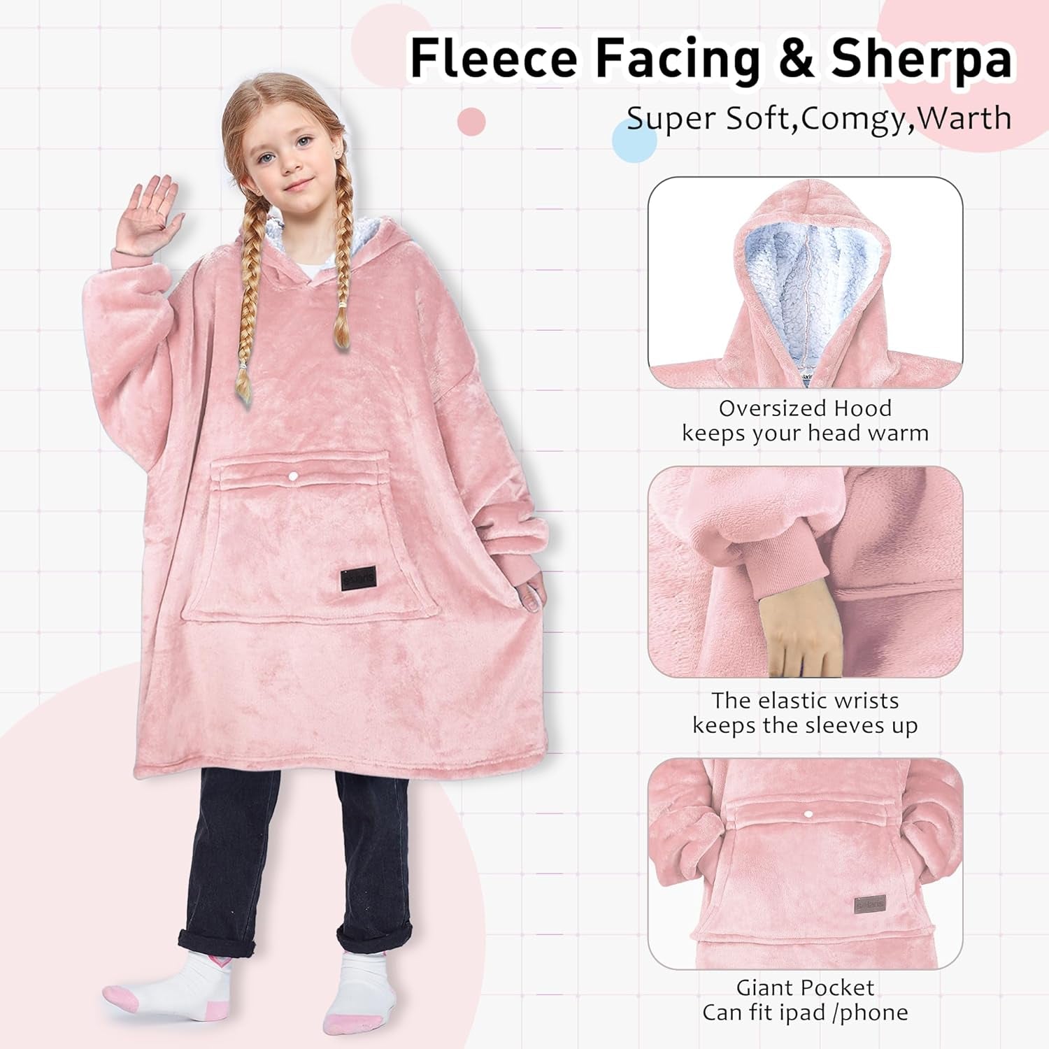 Wearable Blanket Hoodie for Kids - Warm Soft Gift, Oversized Cozy Sherpa Fleece Sweatshirt Pullover for Teens, Girls, Boys, Large Pocket, Pink