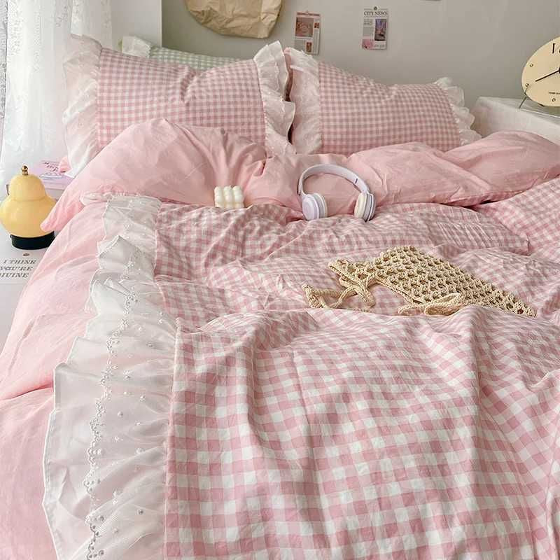 Korean Princess Style Lattice Double Layer Lace Bedding Set Soft Quilt Cover Plaid Style Duvet Covers Set Bed Sheet Casesc250122