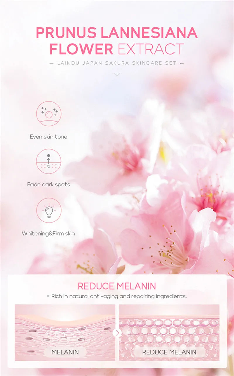 Sakura Skin Care Set Facial Cleanser Face Cream Fade Dark Circles Eye Cream Korean Skincare Products 4Pcs/Set