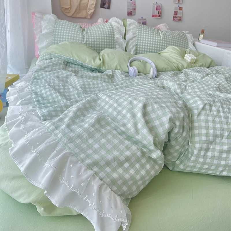 Korean Princess Style Lattice Double Layer Lace Bedding Set Soft Quilt Cover Plaid Style Duvet Covers Set Bed Sheet Casesc250122