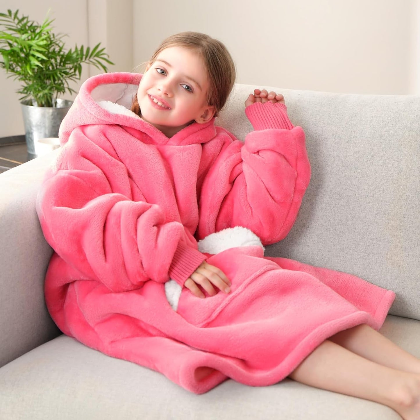 Wearable Blanket Hoodie, Oversized Sherpa Blanket Sweatshirt with Hood Pocket and Sleeves, Super Soft Warm Plush Hooded Blanket for Kids and Girls, One Size Fits All (Pink)