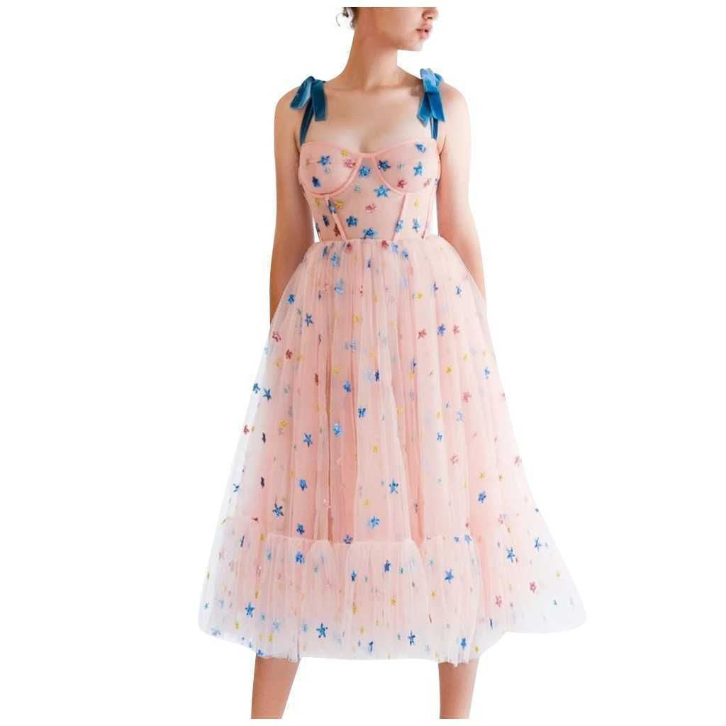 Summer Dress Women Strawberry Pink Mesh Maxi Dress Sweet Dresses Short Puff Sleeve Sexy V-Neck Lace-Up Bow Tunic Lolita Dress Y0118