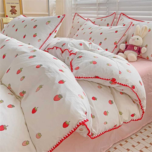 Cute Strawberry down Duvet Cover Set with Flat Bed Sheet Box No Padding Large Size Double Girls Children Home Decor Cotton Bed Sheetst250425