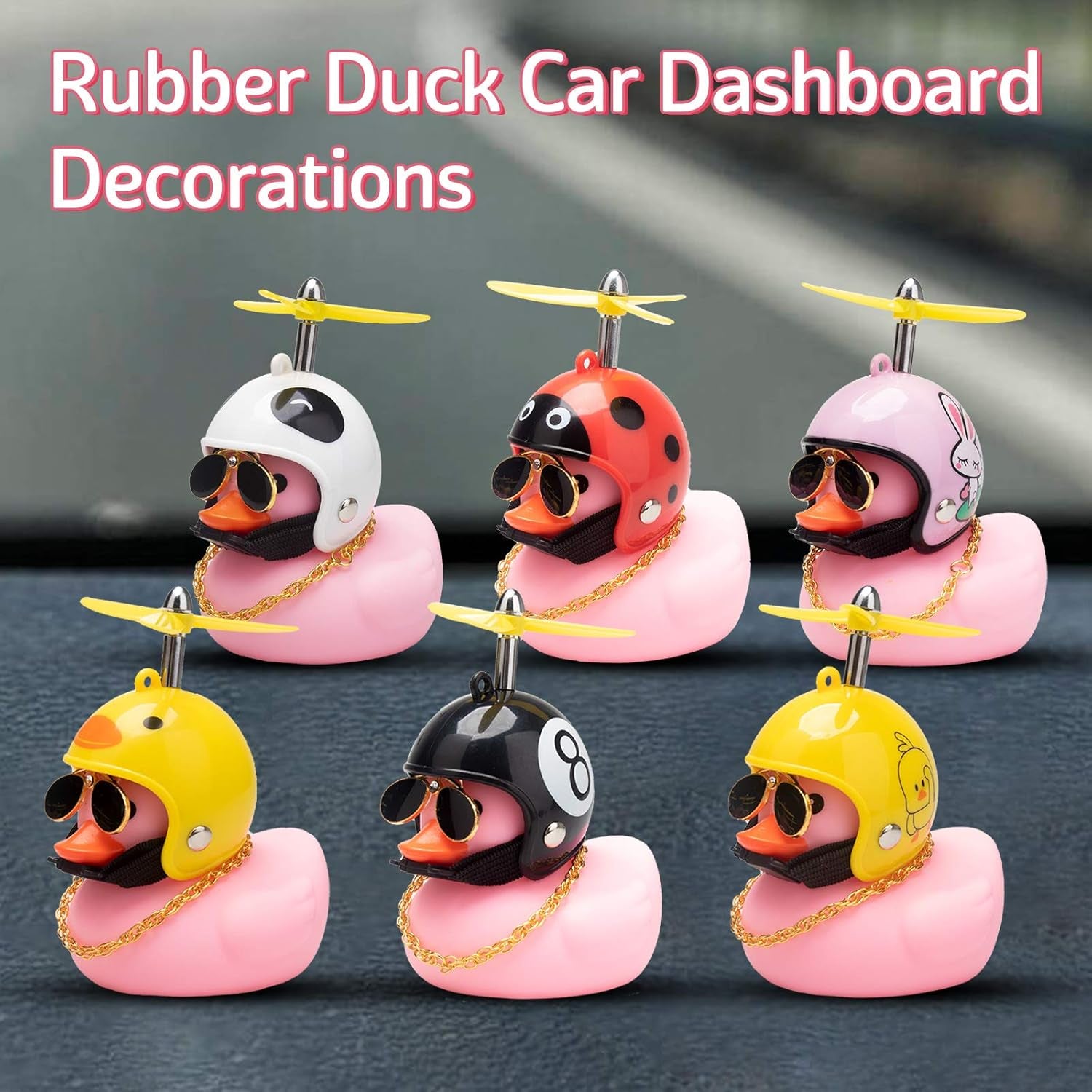 Pink Duck Car Dashboard Decorations - Rubber Duck Car Ornaments with Propeller Helmet Sunglasses and Gold Chain (Star-Pink)