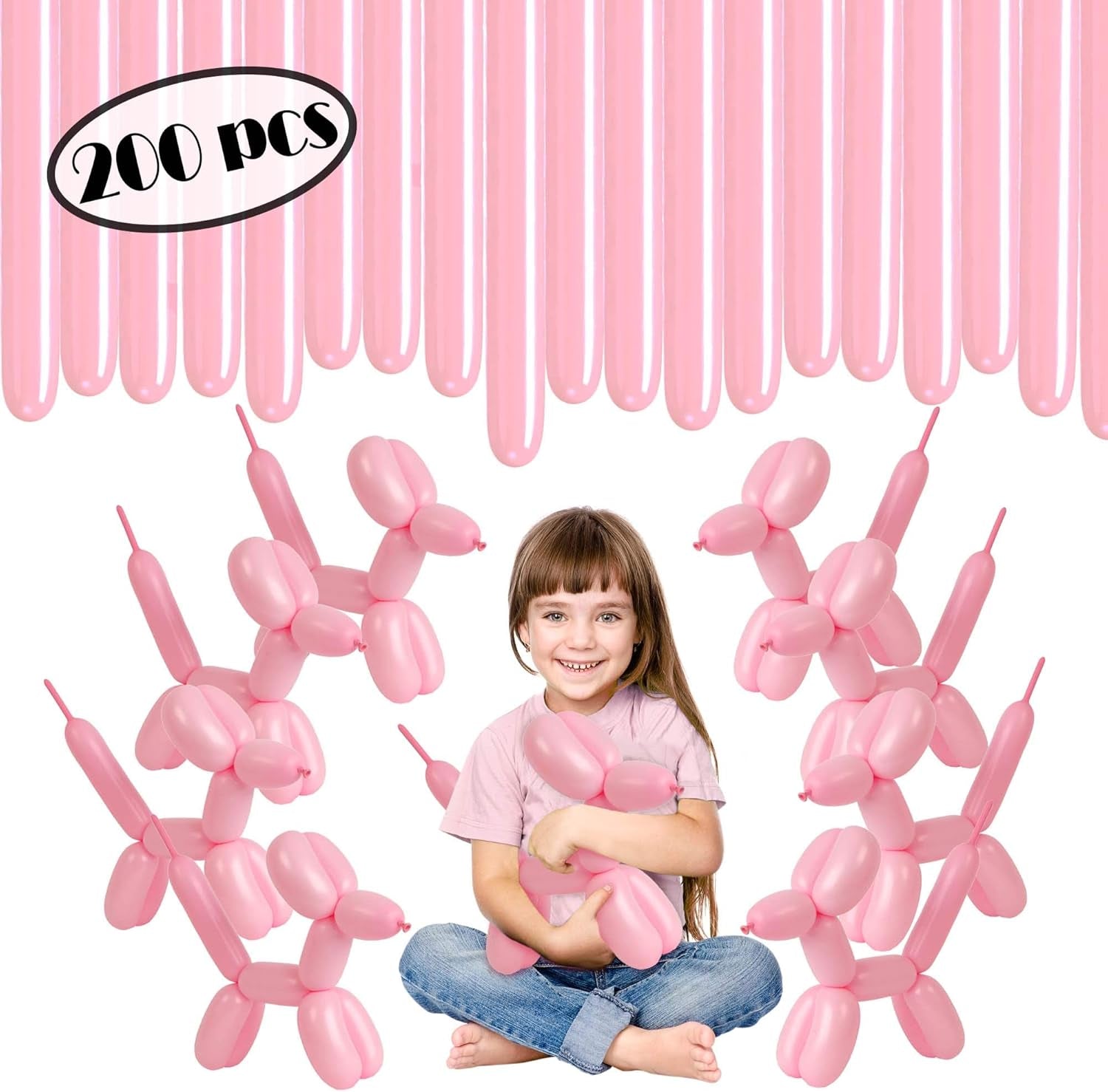 Long Light Pink Balloons - Animal Balloons - Pink 260 Balloons - 260Q Balloons, Pink Long Balloons for Balloon Animals - Long Skinny Balloons Pink - 200 Pack Long Pink Balloons