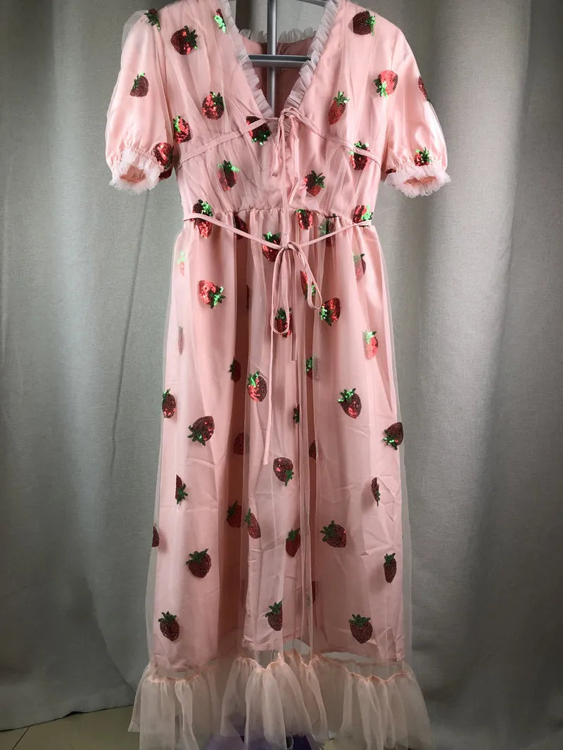 Sweet Strawberry Sequined Embroidery Cascading Ruffle Maxi Dress Women Summer V-Neck Puff Sleeve Bow Pink Tulle Mesh Long Dress 210309