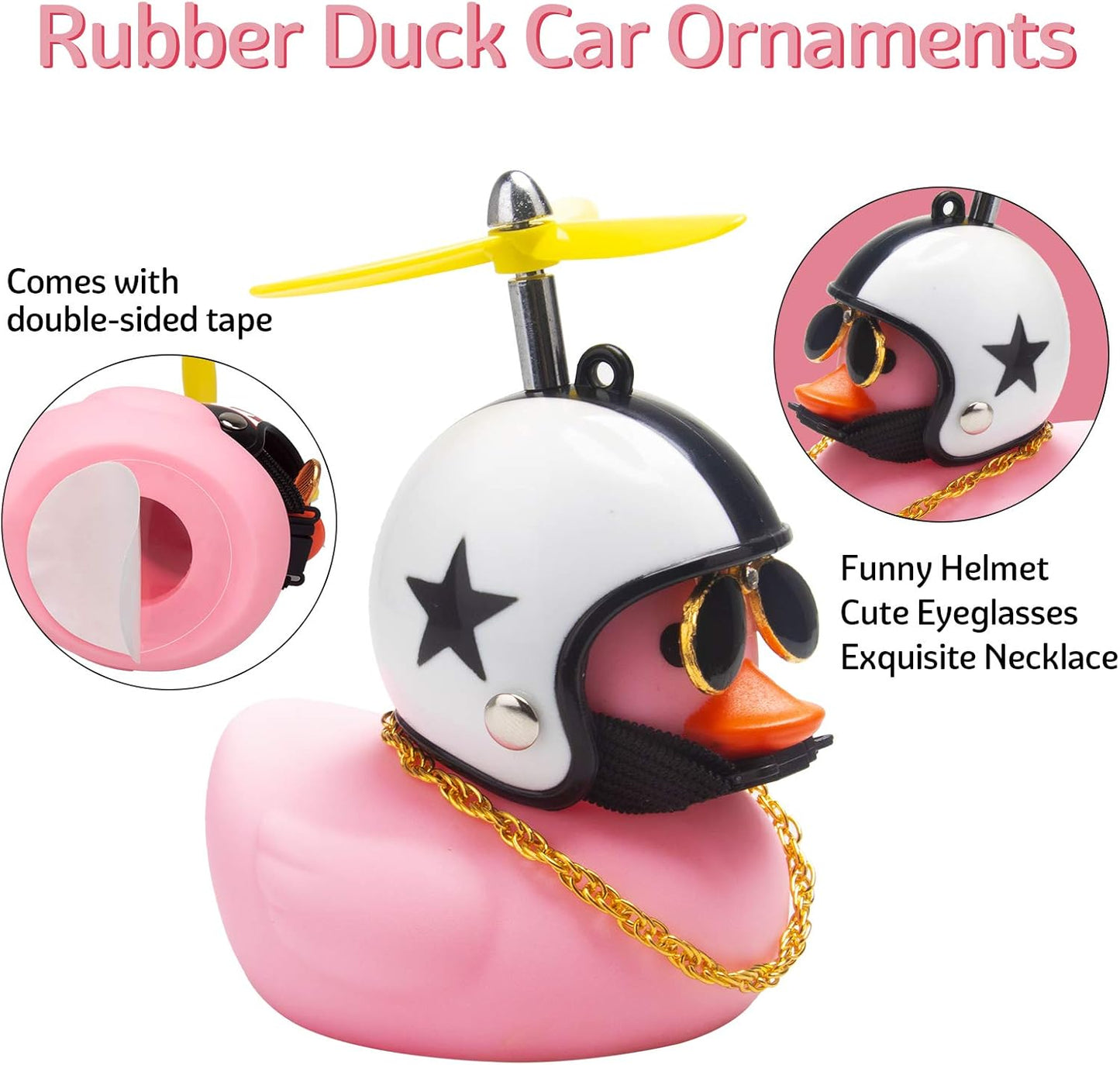 Pink Duck Car Dashboard Decorations - Rubber Duck Car Ornaments with Propeller Helmet Sunglasses and Gold Chain (Star-Pink)