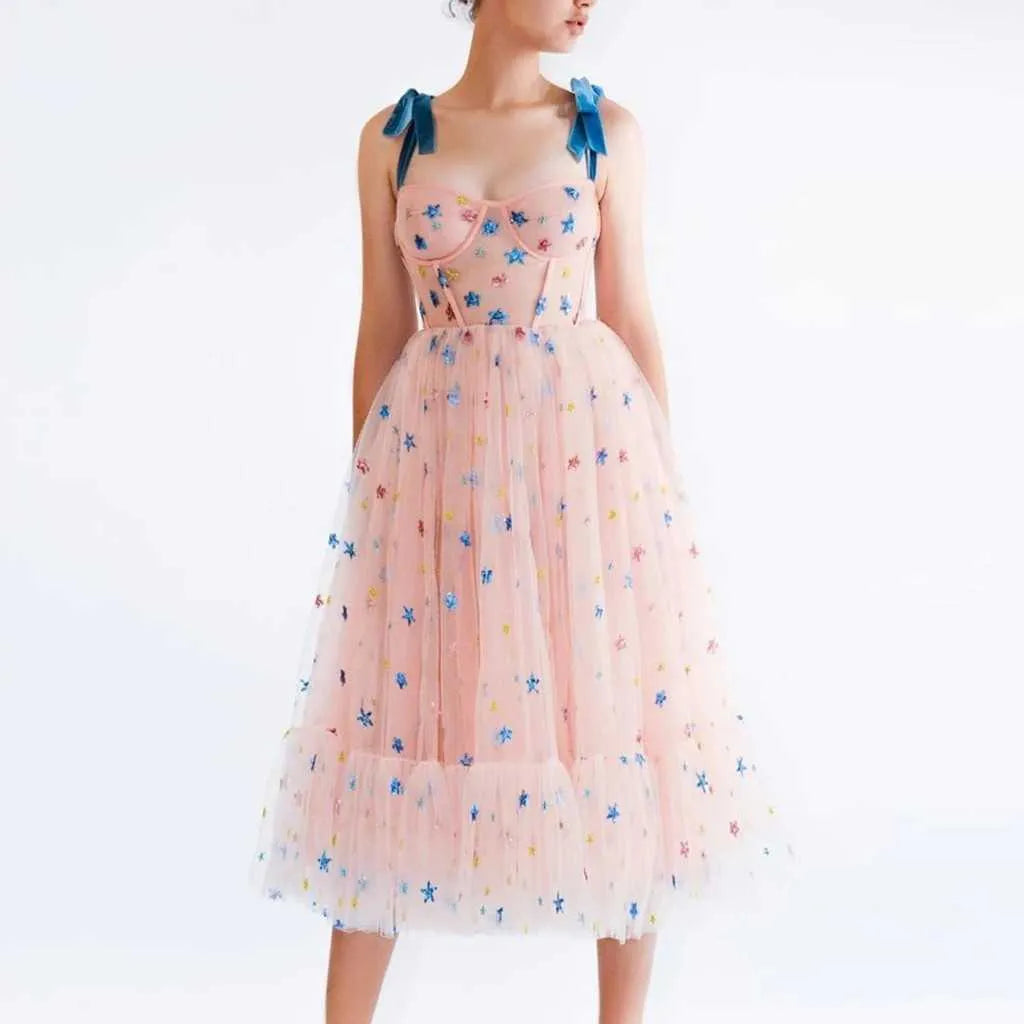 Summer Dress Women Strawberry Pink Mesh Maxi Dress Sweet Dresses Short Puff Sleeve Sexy V-Neck Lace-Up Bow Tunic Lolita Dress Y0118