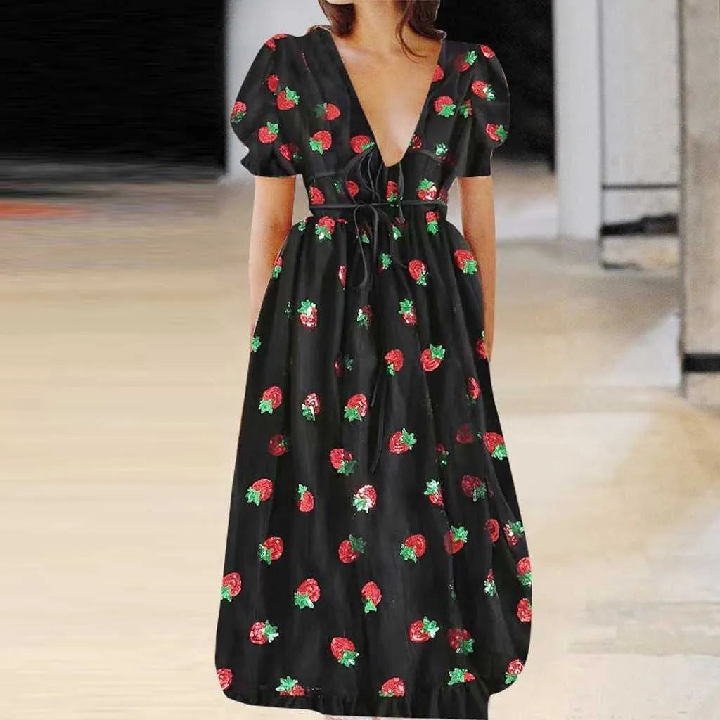 Summer Dress Women Strawberry Pink Mesh Maxi Dress Sweet Dresses Short Puff Sleeve Sexy V-Neck Lace-Up Bow Tunic Lolita Dress Y0118