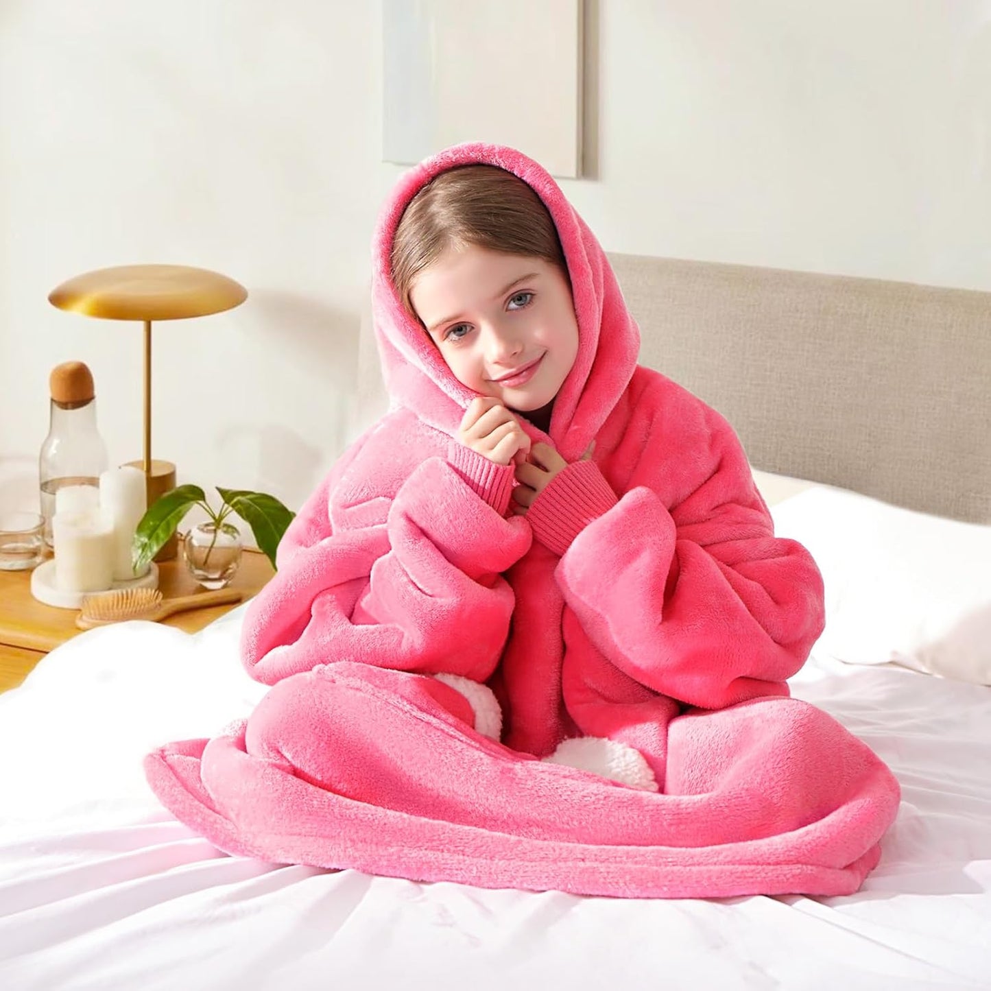 Wearable Blanket Hoodie, Oversized Sherpa Blanket Sweatshirt with Hood Pocket and Sleeves, Super Soft Warm Plush Hooded Blanket for Kids and Girls, One Size Fits All (Pink)