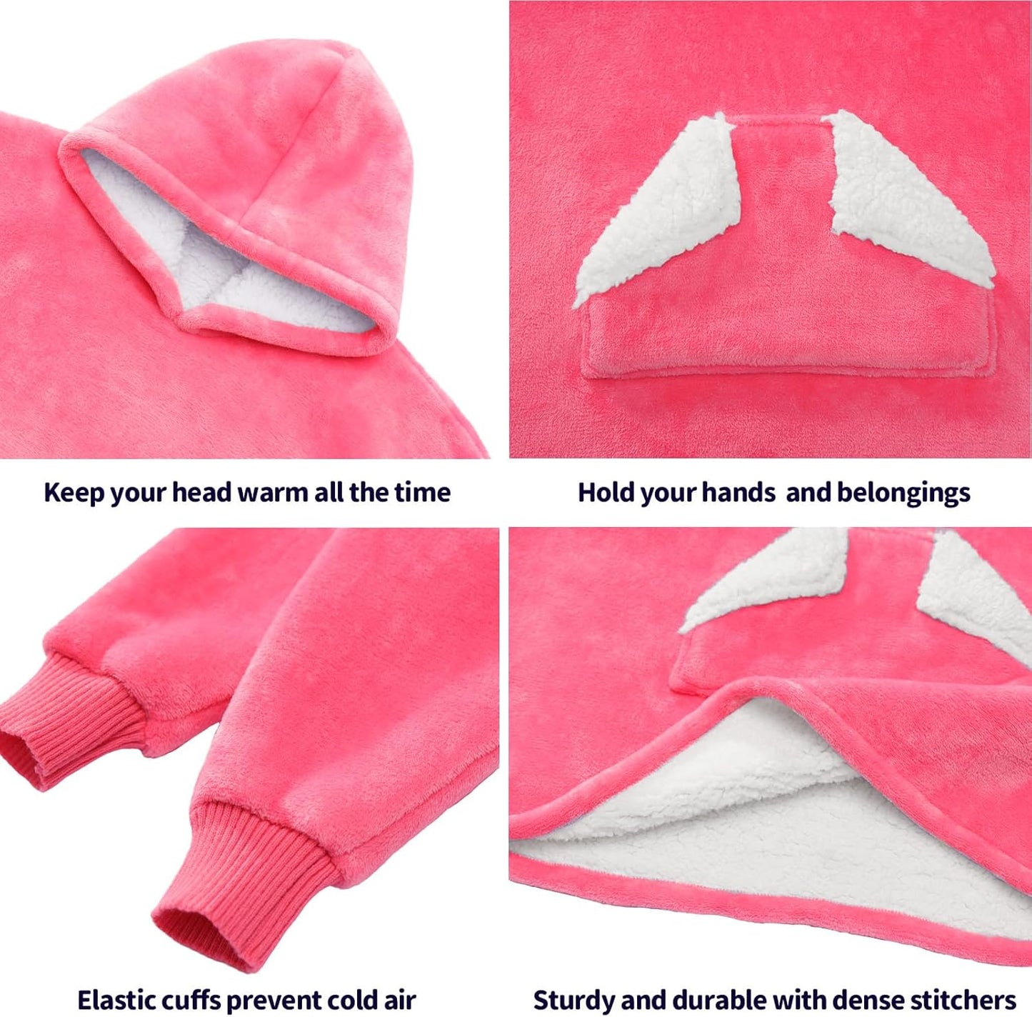 Wearable Blanket Hoodie, Oversized Sherpa Blanket Sweatshirt with Hood Pocket and Sleeves, Super Soft Warm Plush Hooded Blanket for Kids and Girls, One Size Fits All (Pink)